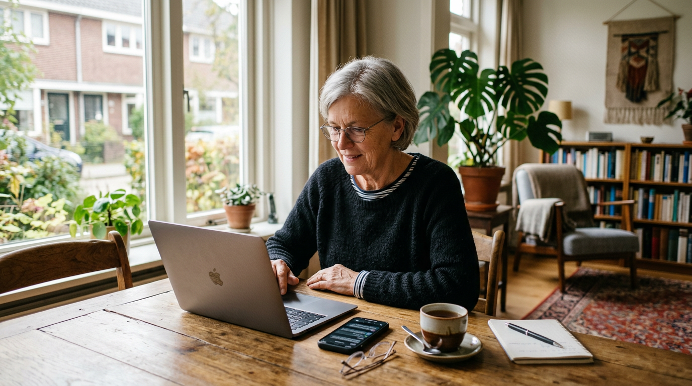 Persoon thuis aan tafel met laptop en telefoon in een rustige woonkamer