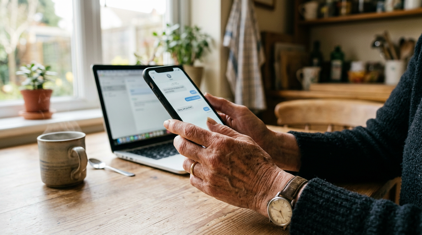 Handen met smartphone, op de achtergrond een laptop op de keukentafel